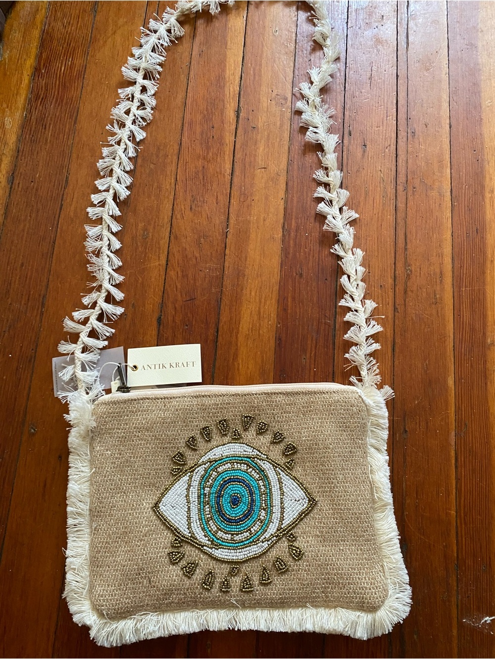 Antik Kraft Beige Beaded  Evil Eye Boho Bag frayed strap